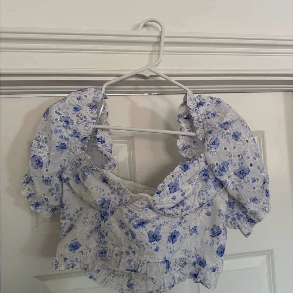 Astr Blue and White Puff Sleeve Crop Blouse